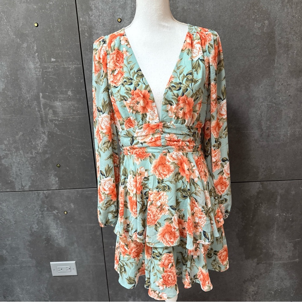 Hello Molly Floral Miami Love Long Sleeve Dress - green and Orange NWT